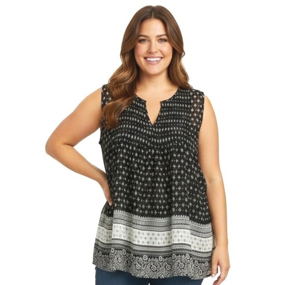 Zac & Rachel Top LG Multicolor Geometric Sleeveless Notch Neck Flowy Modern Chic